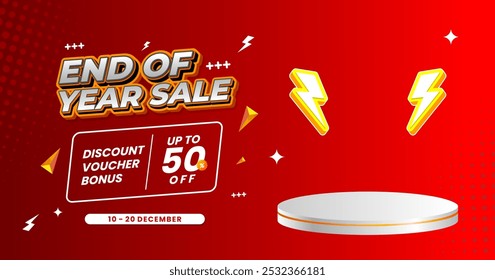 End of year promo banner with podium Product Display Template, Layout for online shopping, products, promotions, websites and brochures