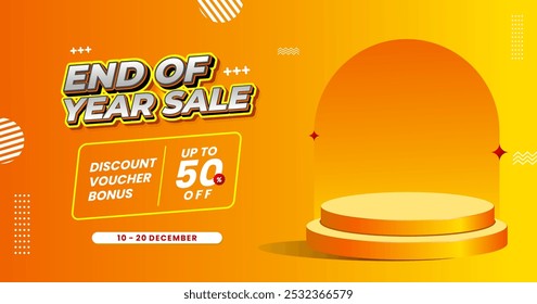 End of year promo banner with podium Product Display Template, Layout for online shopping, products, promotions, websites and brochures