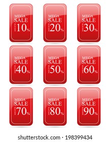 end of year sale 10,20,30,40,50,60,70,80,90 percent on rounded square red label set (vector)