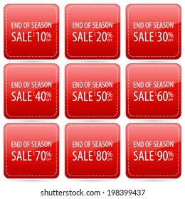end of year sale 10,20,30,40,50,60,70,80,90 percent on rounded square red label set (vector)