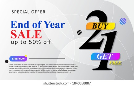 End of year sale up to 75% off. Promo buy 2 get 1 free. Discount promotion layout banner design. Vector illustration