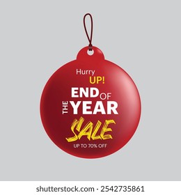 End of the Year Sale Banner with 70% Discount label in 3D Christmas ball, Christmas holiday promotion badge design in Red, Yellow and White Color, Vector Illustration 