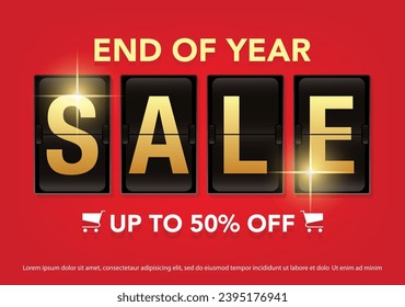 End of Year Sale Banner, flip board letters, golden sale text vector illustration.