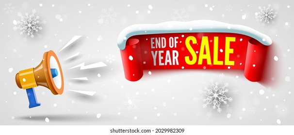 End of year sale banner with megaphone, red ribbon, snow cap and snowflakes. Vector illustration.