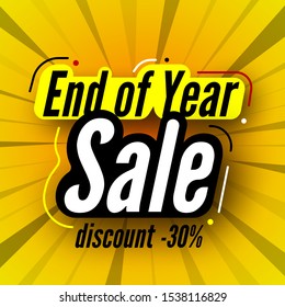 End of year sale banner on striped background, discount 30%. Vector illustration.