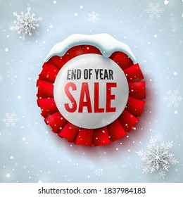 End of year sale banner with red ribbon, snow cap and snowflakes. Round badge. Vector illustration.