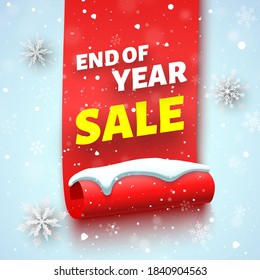 End of year sale banner with red ribbon, snow cap and snowflakes. Vector illustration.