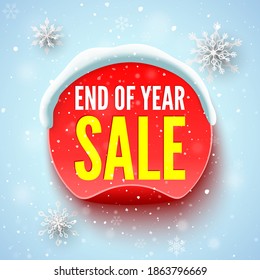 End of year sale banner with red round sticker, snow cap and snowflakes. Vector illustration.