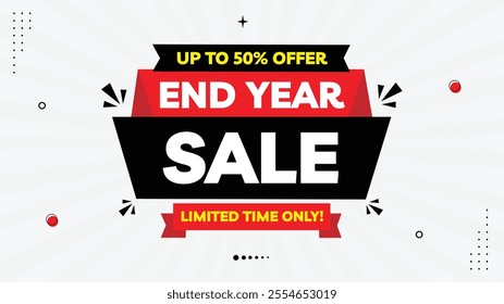 End Year Sale Banner - Super Save 50% Off! Limited Time Only! Black, Red, White Gradient Background with Stylish Element Shapes - Editable Template for Eye-Catching Designs