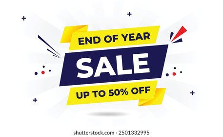 End of year sale banner template with up to 50% off featuring a white background and vibrant blue red and yellow elements perfect for attracting attention and driving sales