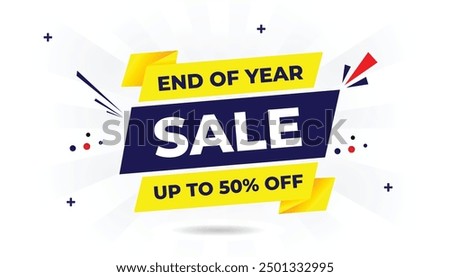 End of year sale banner template with up to 50% off featuring a white background and vibrant blue red and yellow elements perfect for attracting attention and driving sales