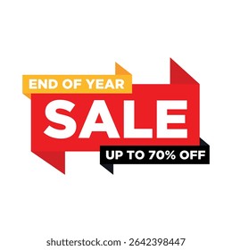 End of Year Sale Banner: A vibrant and dynamic promotional banner with the message "End of Year Sale" boldly displayed, offering up to 70% off on a variety of items.	