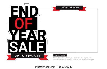 End of year sale black and red style with space for text or product, up to 50% off. Discount promotion layout banner design. Vector illustration