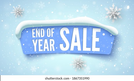 End of year sale blue banner with snow cap and snowflakes. Vector illustration.