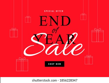 End Of Year Sale Poster Or Flyer Design. Year End Sale With Gift Box On Red Background.