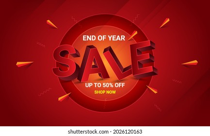 End of year special sale abstract red background, up to 50% off. Discount promotion layout banner design. Vector illustration