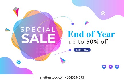 End of year special sale colorful background, up to 50% off. Discount promotion layout banner design. Vector illustration