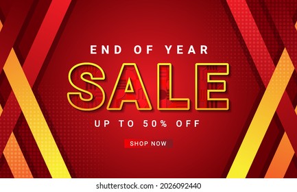 End of year special sale with geometric red background, up to 50% off. Discount promotion layout banner design. Vector illustration