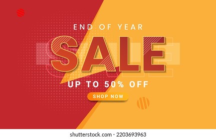 End of year special sale red and yellow background, up to 50% off. Discount promotion layout banner design. Vector illustration