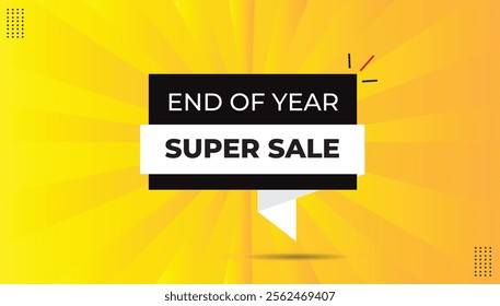 End of Year Super Sale Editable Sticker Icon Label EPS Format Banner Template Design with Black and White Shapes, Bold Font, Yellow-Orange Abstract Hot Background for Promotion