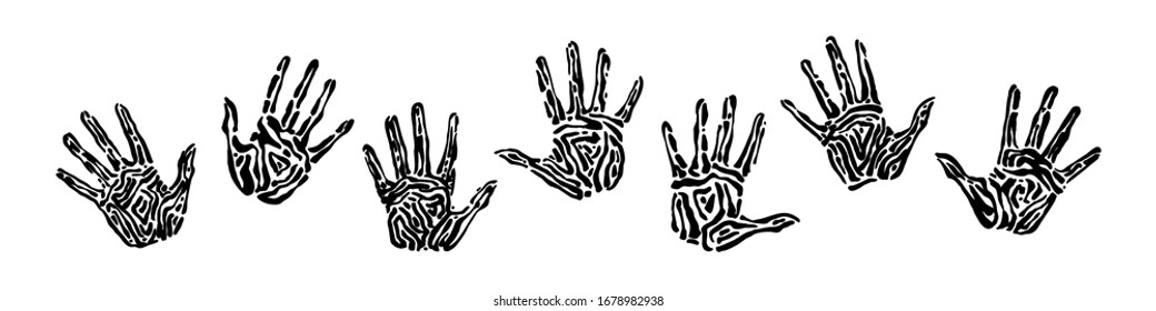 Endangered ancient handprint set. Hand drawn human palm prints graphic vector illustration, black isolated on white background painted by ink. 