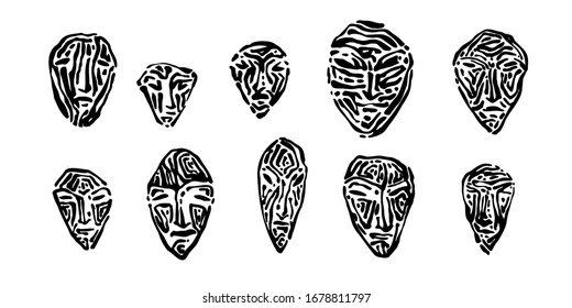 Endangered ancient stone masks set. Hand drawn human face prints graphic vector illustration, black isolated on white background painted by ink. 