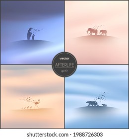 Endangered animals family. Elephant, bear, flamingo in fog. Afterlife