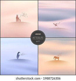 Endangered animals set. Elephant, bear, flamingo in fog. Afterlife