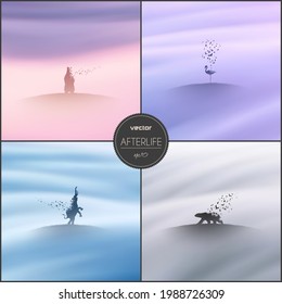 Endangered animals set. Elephant, bear, flamingo in fog. Afterlife