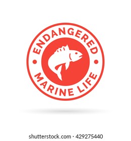 Endangered fish icon badge. Endangered marine species sign. Overfishing symbol. White icon on red circle background. Vector illustration.