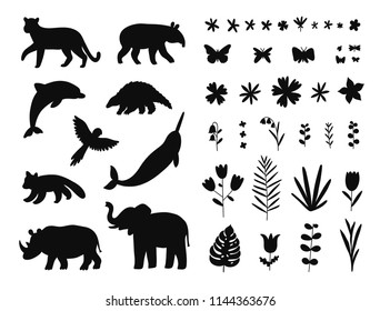 Endangered species, animals and flowers, isolated vector illustrations set