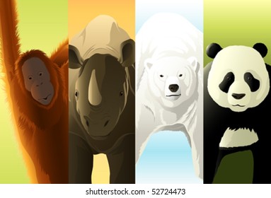 Endangered species. Orangutan, panda, rhino, polar bear