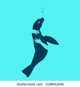 Endangered Species - Seal in a Blue  Background - animal hugged by a person