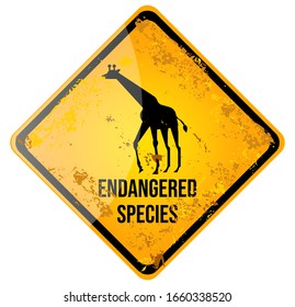 Endangered Species. Yellow Warning Road Sign. Rusty Grunge Style. Vector Illustration