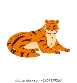 Endangered wild animal. India, Bengal, Siberian tiger lying, big cat rest, striped predator relax. Tropical hunter, dangerous jungle habitant. Flat isolated vector illustration on white background