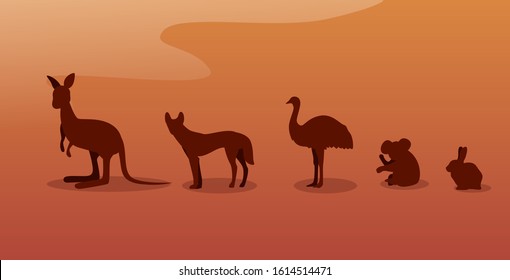 endangered wild australian animals silhouettes dingo ostrich koala kangaroo rabbit wildlife species fauna forest fires in australia natural disaster concept horizontal vector illustration