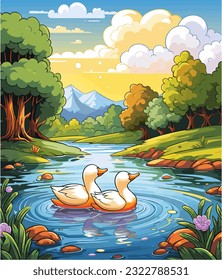 An endearing cartoon depicts a calm lake with swimming ducks and a colorful rainbow over it