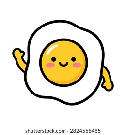 An endearing cartoon fried egg with a bright yellow yolk and rosy cheeks, merrily waving its hand.
