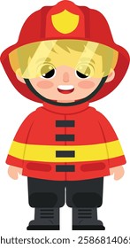 An endearing cartoon illustration of a young firefighter in full protective gear. 