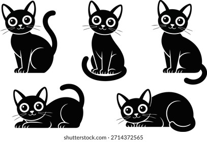 Una entrañable colección de cinco ilustraciones de gatos negros, cada una con ojos prominentes, retratadas en una variedad de posiciones tranquilas y felices.