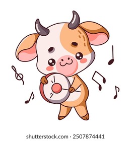 Endearing cow playing hand drum flat color vector image. Cute Kawaii calf contributes to music performance concert on white background