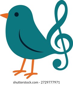 Uma ilustração cativante apresenta um pássaro azul simples e estilizado com um bico laranja e pernas. Em vez de uma cauda tradicional, o pássaro incorpora elegantemente uma clave musical azul escura, sugerindo uma mistura harmoniosa de natureza e melodia. A imagem é colocada contra um fundo branco limpo, fazendo com que as cores vibrantes e o design exclusivo se destaquem. Este visual encantador poderia representar a liberdade, a música, ou a alegria da música de uma maneira lúdica e artística.