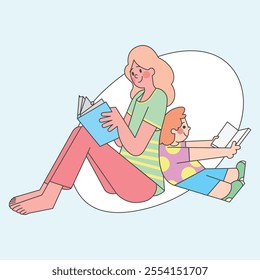 It is an endearing illustration of a mother and her child sitting side by side, each immersed in reading their own book. 