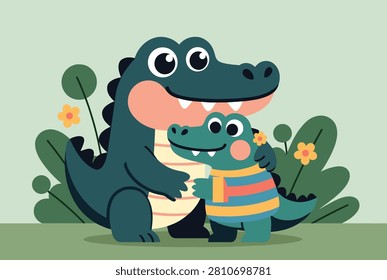 Endearing illustration shows a large dark green crocodile warmly hugging a smaller one wearing a colorful striped sweater among flowers.