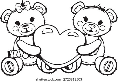 Un entrañable dibujo en línea de dos osos de peluche, uno con un lazo, sosteniendo felizmente un gran corazón, perfecto para temas de amor y amistad.