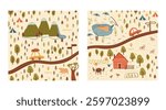 Endearing vector double poster set bringing a map of a local country area showing forests, mountains, a lake, farms, and camping, connected by a winding road with tourist activities in playful style.