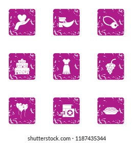 Endearment icons set. Grunge set of 9 endearment vector icons for web isolated on white background