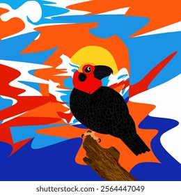 The endemic bird Bornean Bristlehead perched on a tree trunk, with an abstract sunset background. Vector illustration. 
Perfect for wallpaper or textile.