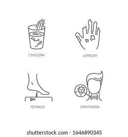 Endemic diseases pixel perfect linear icons set. Cholera, leprosy, tetanus and diphtheria viruses customizable thin line contour symbols. Isolated vector outline illustrations. Editable stroke