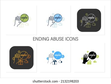 Ending abuse icons set. Stop exploitation. Universal basic income concept.Isolated vector illustration.Collection of icons in linear, filled, color styles.Isolated vector illustrations